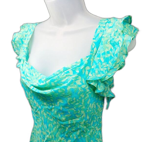 Maggie London Silk Midi Size 8. Lined. Soft Blue/ Green Spring Leaf Pattern.....
